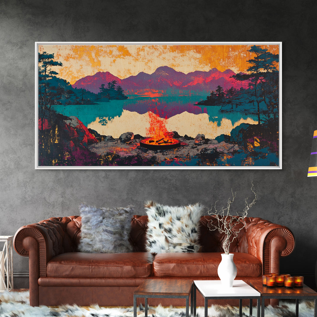 Campfire Mountain Lake Canvas Print, Rustic Cabin Wall Art, Moody Landscape Decor, Camping Gift For Him, Living Room Art