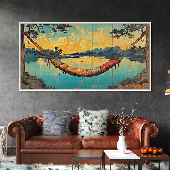 Lakeside Hammock Sunset Wall Art, Cozy Cabin Landscape Print, Relaxing Nature Decor, Large Horizontal Canvas Print, Lake House Decor