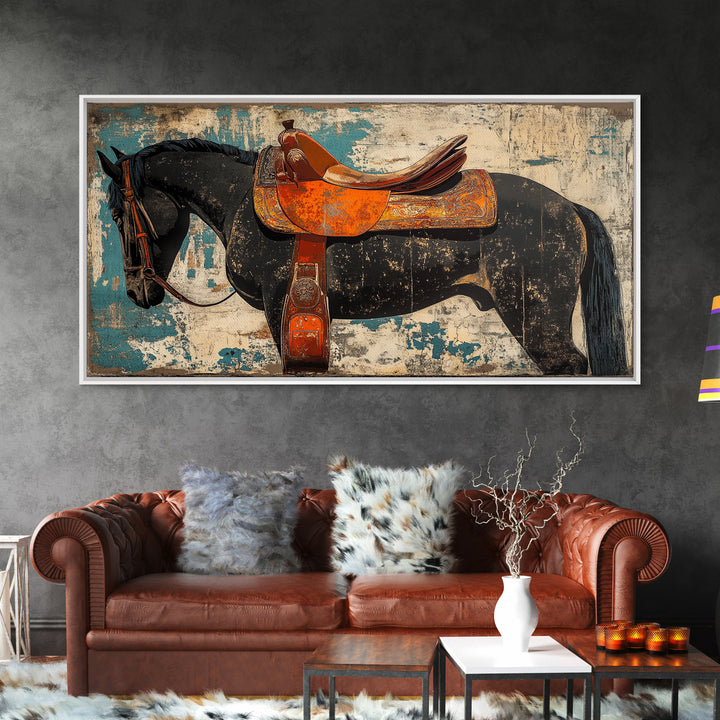 Black Horse With Orange Western Saddle Wall Art, Rustic Ranch Decor, Equestrian Art Print, Cowboy Living Room Decor Gift