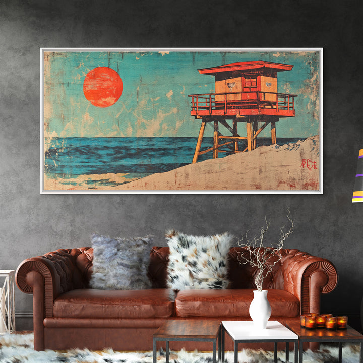 Red Lifeguard Tower Beside Blue Ocean Canvas Print, Coastal Wall Art, Beach House Decor, Retro Travel Poster Print For Home