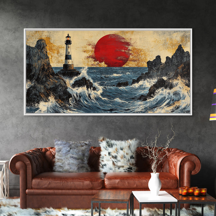 Rocky Lighthouse Sunset With Dramatic Waves Wall Art, Coastal Seascape, Nautical Decor, Large Framed Canvas Print For Living Room