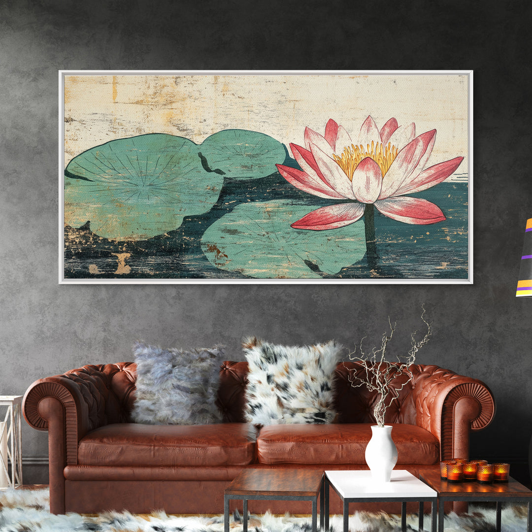 Pink Lotus Blossom And Lily Pads Canvas Print, Zen Wall Art, Botanical Wall Decor, Japandi Bathroom Art, Spa Decor Print