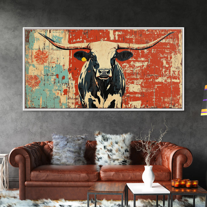 Black And White Longhorn Cow Framed Canvas Print, Rustic Western Wall Art, Farmhouse Ranch Decor, Cowgirl Home Decor Gift