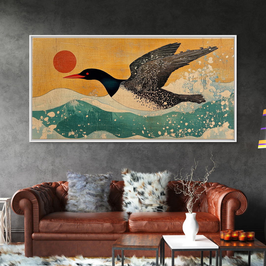 Black Loon Bird Canvas Print, Japanese Coastal Wall Art, Lake House Decor, Nautical Wildlife Art Print For Bird Lovers Gift
