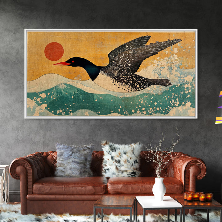 Black Loon Bird Canvas Print, Japanese Coastal Wall Art, Lake House Decor, Nautical Wildlife Art Print For Bird Lovers Gift