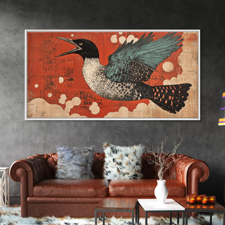 Speckled Sea Bird Framed Canvas Print, Japanese Wildlife Wall Art, Rustic Coastal Decor, Teal Wings Red Sky Print For Home Decor
