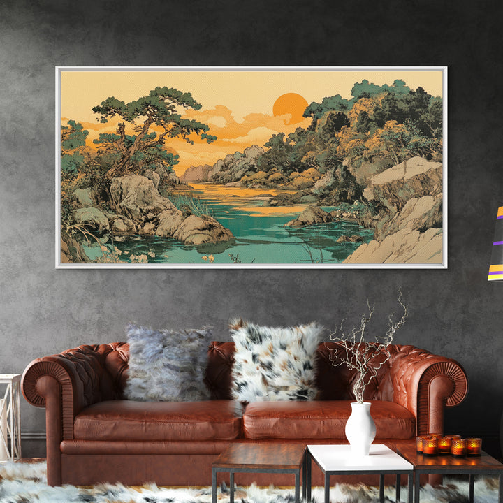 Golden River Valley Landscape Wall Art, Japanese Mountain Canvas Print, Serene Nature Decor, Japandi Living Room Art Gift