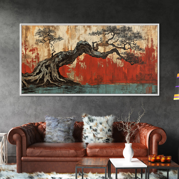 Twisted Bonsai Tree Framed Canvas Print, Japanese Wabi Sabi Wall Art, Rustic Nature Decor, Zen Living Room Statement Art