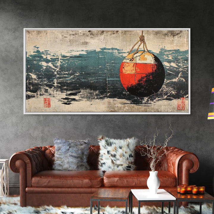 Red And White Fishing Buoy Canvas Print, Nautical Coastal Wall Art, Ocean Decor, Rustic Beach House Seascape Home Decor Gift