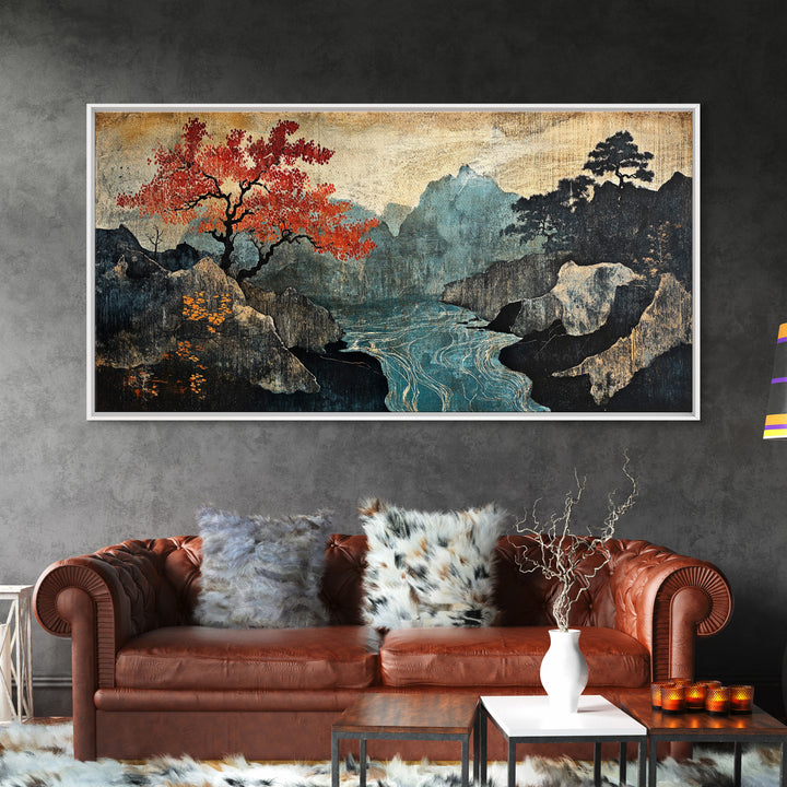 Autumn Mountain Lake Framed Canvas Print, Japanese Landscape Wall Art, Moody Nature Decor, Red Tree Japandi Wall Decor Gift