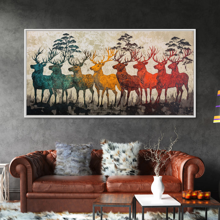 Rainbow Deer Silhouettes In Misty Pines Wall Art, Japanese Wildlife Canvas Print, Rustic Nature Decor, Large Living Room Art
