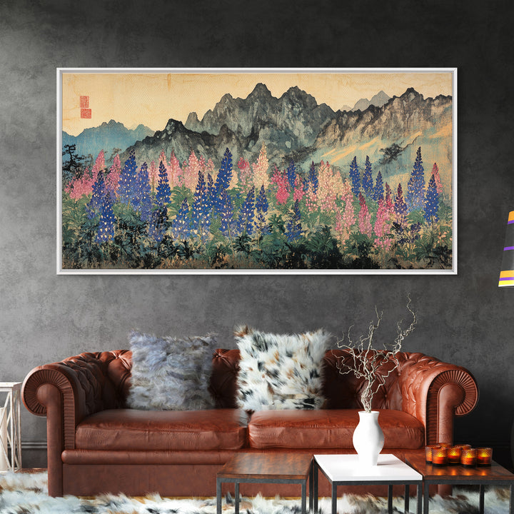 Colorful Lupine Meadow Below Ink Mountains Wall Art, Japanese Landscape Print, Botanical Home Decor, Large Living Room Wall Art