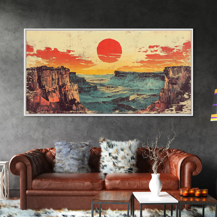Red Sun Desert Canyon At Dusk Wall Art, Southwestern Landscape Canvas Print, Western Decor, Large Horizontal Living Room Art