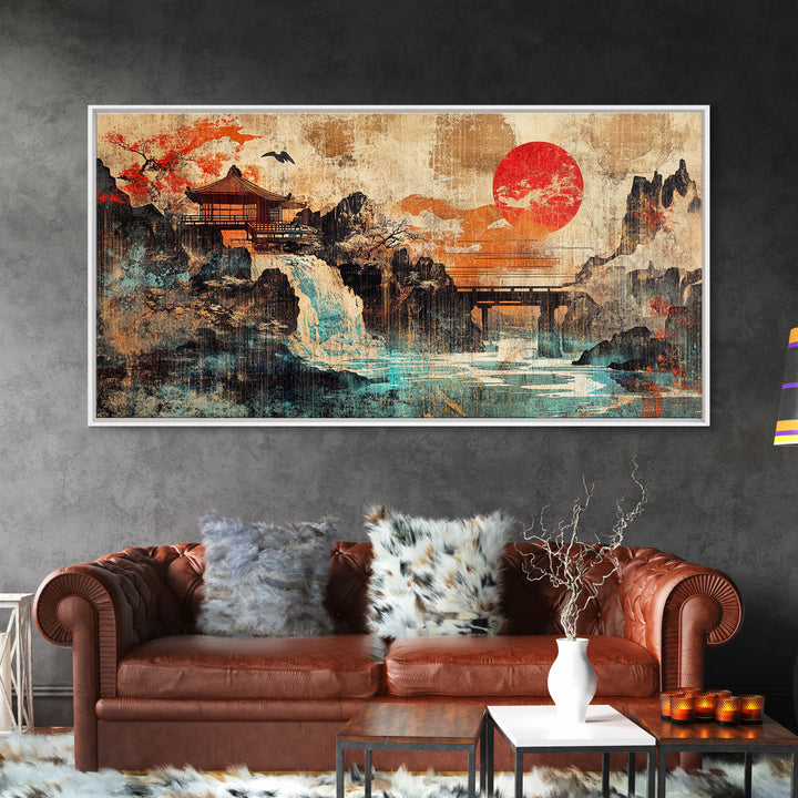 Red Sun Temple Waterfall Over Mountain Lake Wall Art, Japanese Landscape Canvas Print, Asian Zen Decor, Large Living Room Art