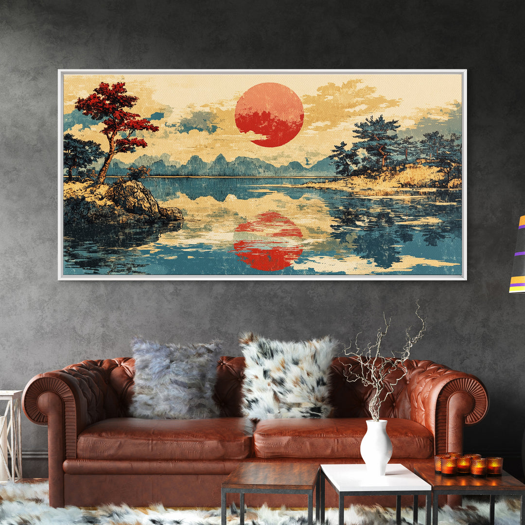 Red Sun Reflected On Serene Mountain Lake Wall Art, Japanese Landscape Canvas Print, Coastal Zen Decor, Large Living Room Art