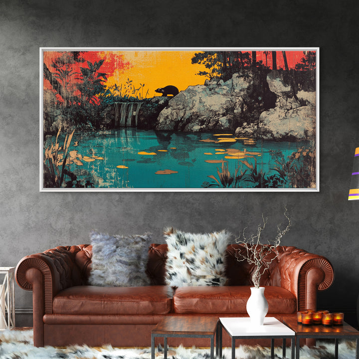 Turquoise Jungle Waterfall At Sunset Wall Art, Tropical Landscape Canvas Print, Nature Decor, Large Horizontal Living Room Art