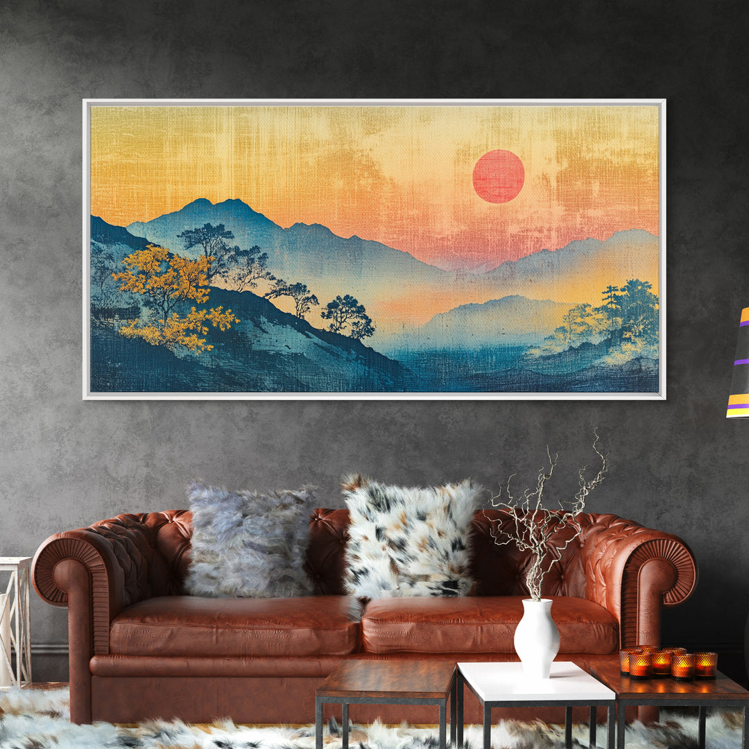 Misty Blue Mountains With Pink Sun Wall Art, Japanese Landscape Canvas Print, Minimalist Nature Decor, Large Bedroom Art