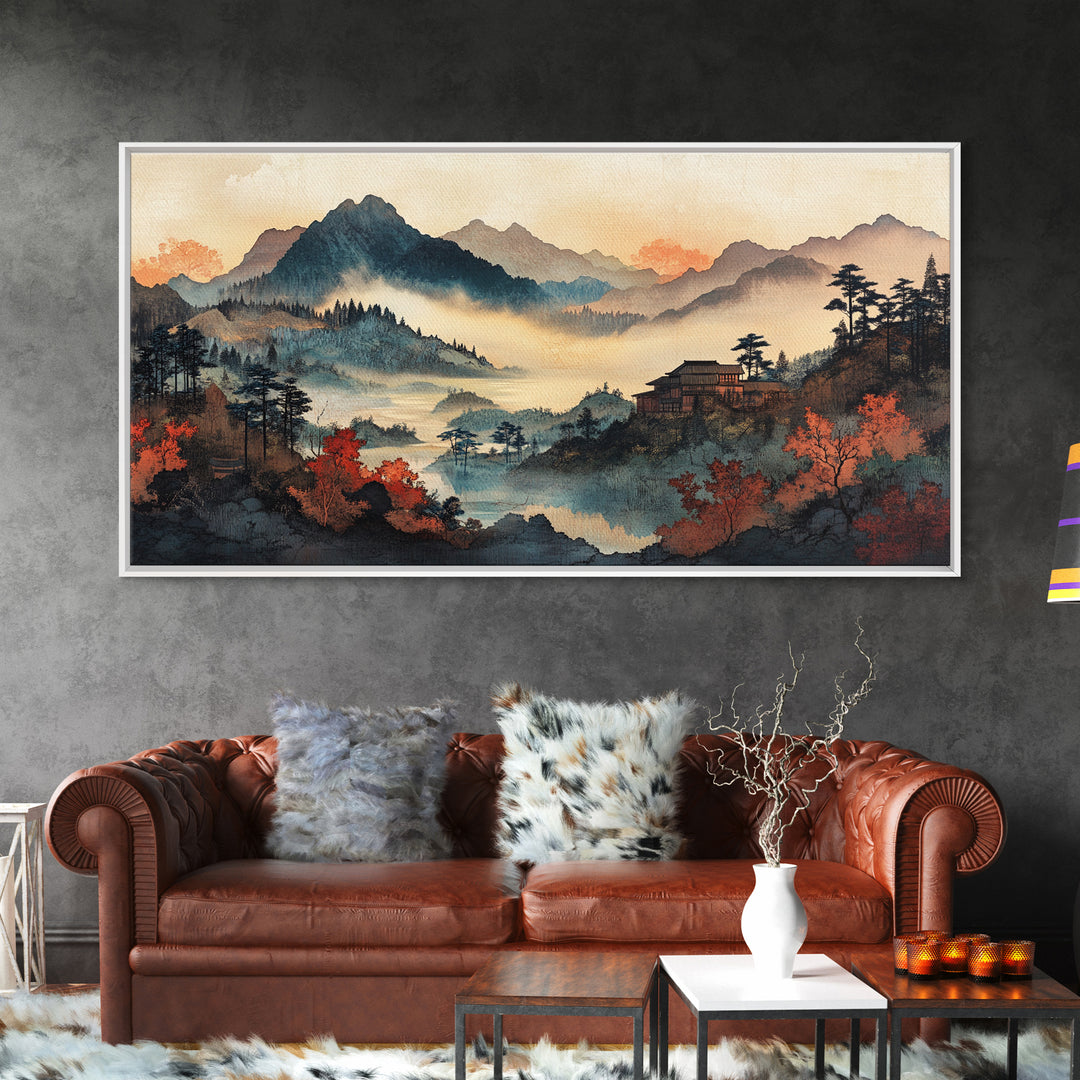 Misty Autumn Mountain Village Wall Art, Japanese Landscape Canvas Print, Moody Nature Home Decor, Large Living Room Wall Art