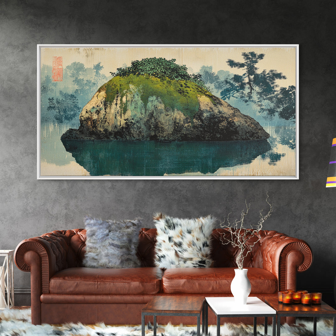 Moss Covered Island Reflected In Calm Water Wall Art, Japanese Zen Landscape Canvas Print, Minimalist Nature Decor, Office Art