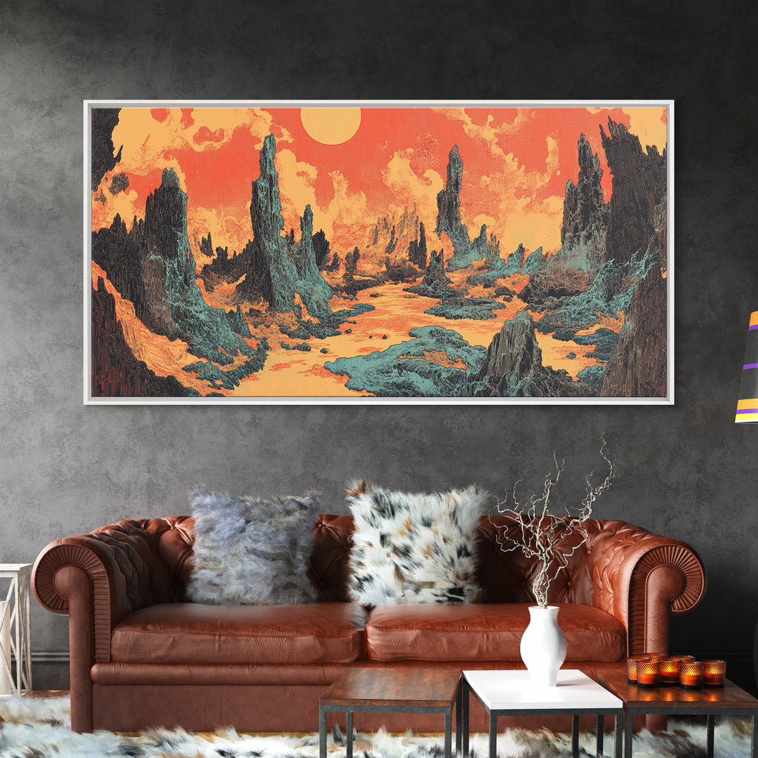 Alien Desert Spires Surreal Landscape Canvas Print, Sci Fi Wall Art, Retro Futuristic Decor, Gaming Room Poster Gift For Him
