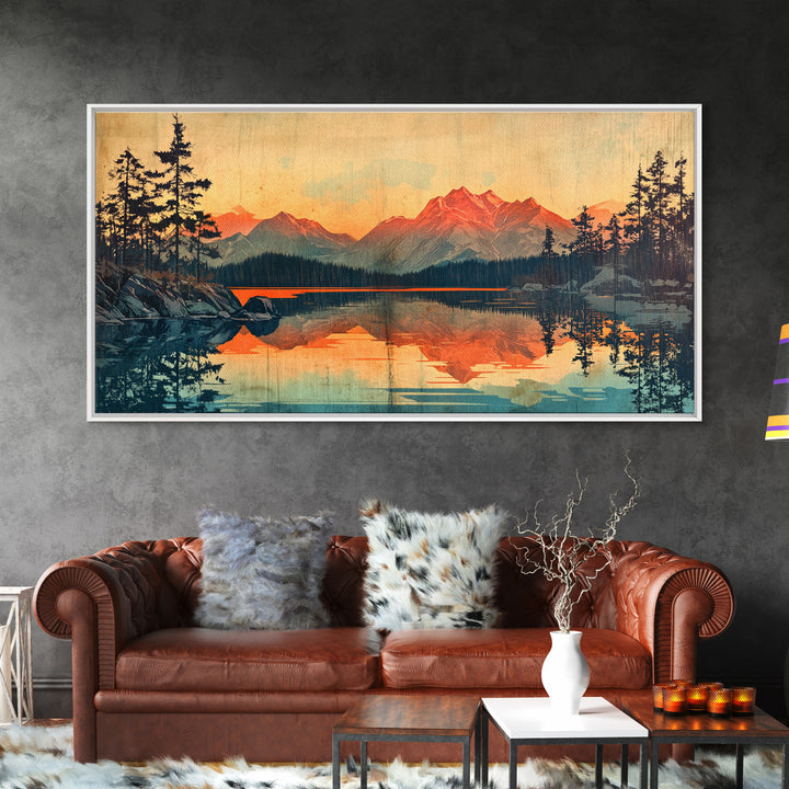 Sunset Alpine Lake Reflection Wall Art, Mountain Landscape Canvas Print, Rustic Cabin Decor, Large Living Room Art Gift For Him