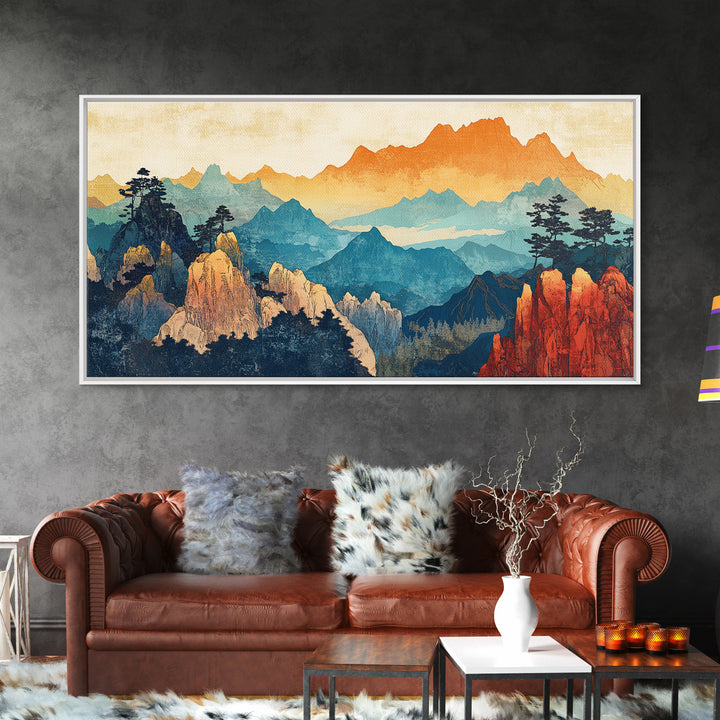 Layered Mountain Peaks Landscape Wall Art, Southwestern Nature Canvas Print, Boho Cabin Decor, Large Living Room Gift For Him