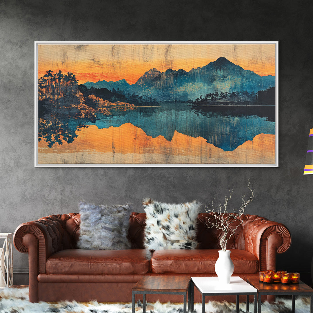 Moody Mountain Lake Reflection Wall Art, Blue Orange Landscape Canvas Print, Rustic Cabin Decor, Large Living Room Art Gift
