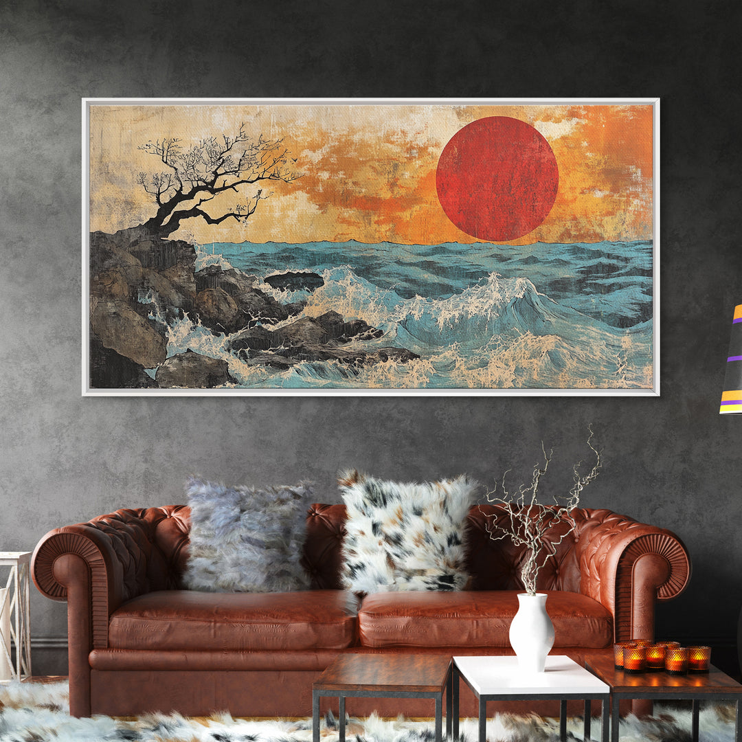 Rocky Ocean Red Sun Seascape Wall Art, Coastal Canvas Print, Japanese Style Wave Decor, Beach House Living Room Housewarming Gift