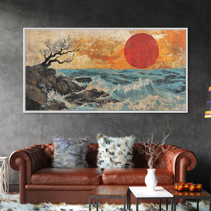 Rocky Ocean Red Sun Seascape Wall Art, Coastal Canvas Print, Japanese Style Wave Decor, Beach House Living Room Housewarming Gift
