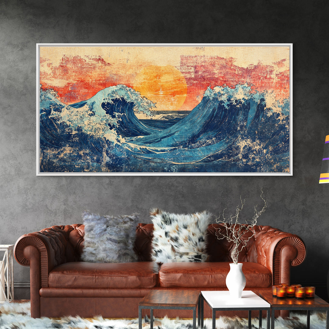 Sunset Ocean Waves, Japanese Seascape Canvas Print, Coastal Wall Art, Nautical Decor, Beach House Living Room Print, Housewarming Gift