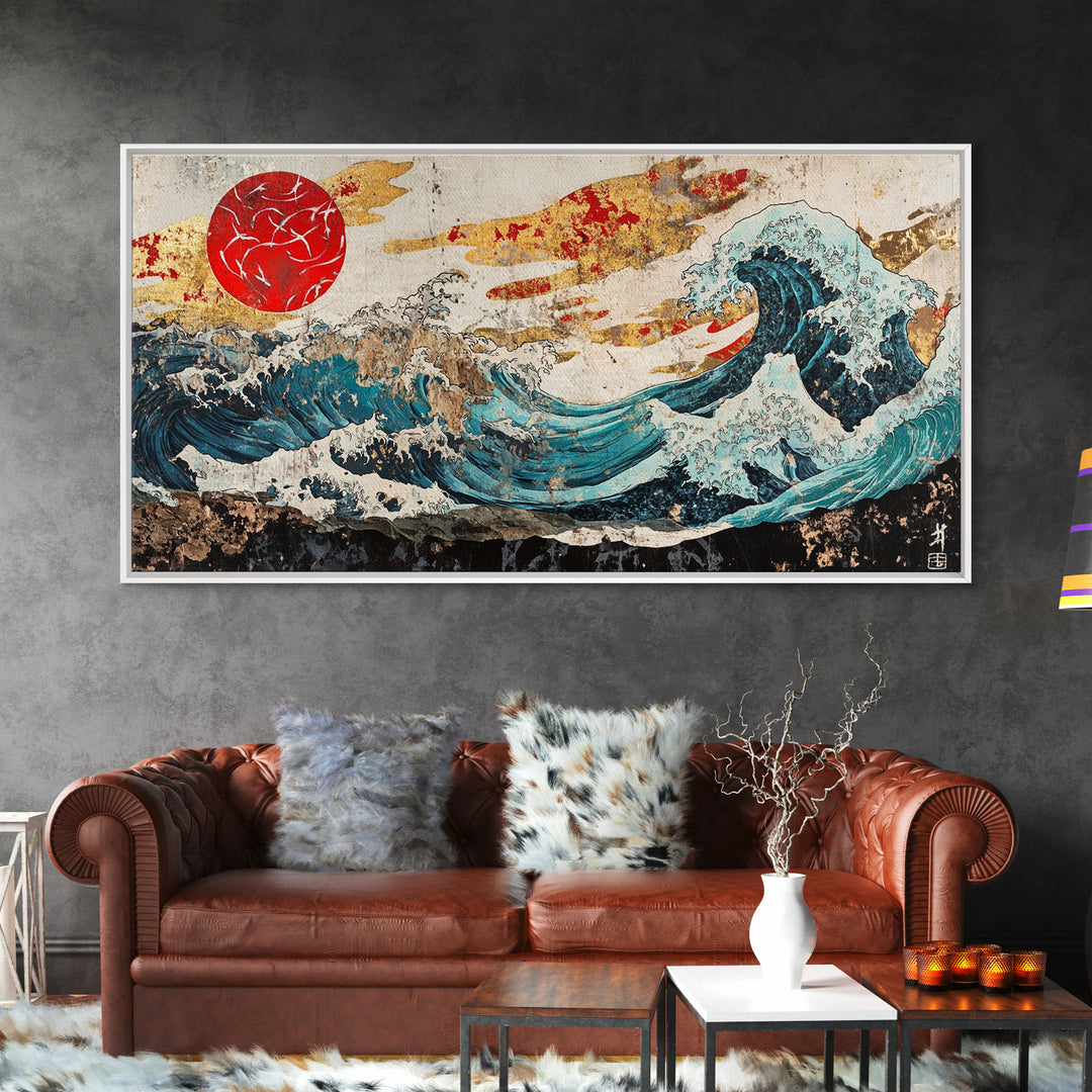 Red Sun Great Wave, Japanese Ocean Framed Canvas Print, Ukiyo E Wall Art, Coastal Decor, Large Living Room Statement Art
