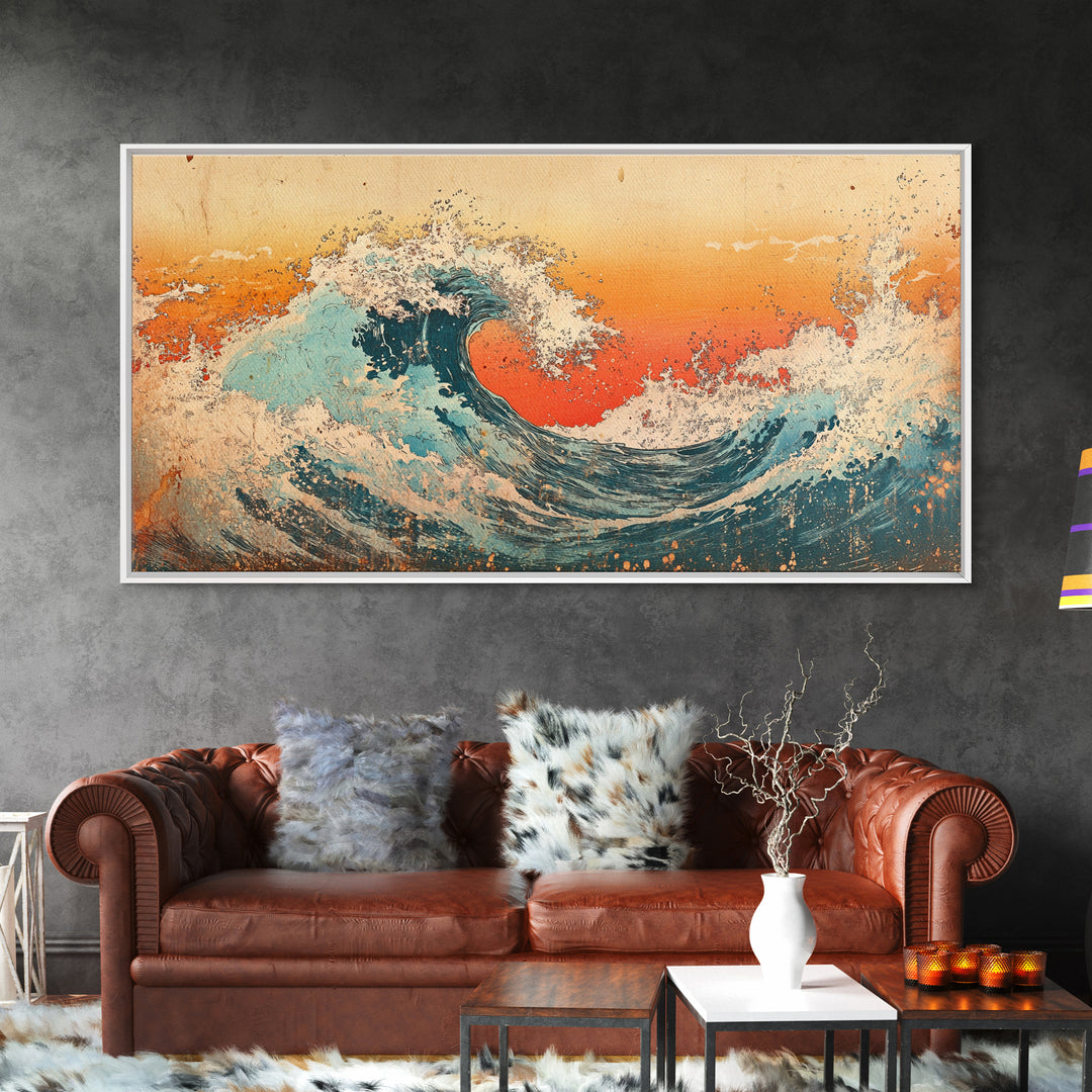 Curling Turquoise Wave, Orange Sky Canvas Print, Japanese Ocean Wall Art, Coastal Bathroom Decor, Beach House Gift, Living Room Decor