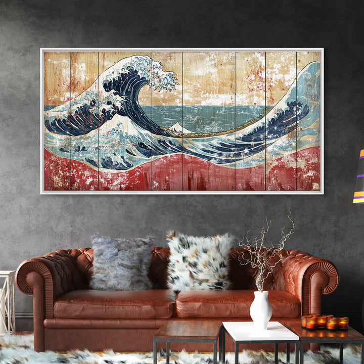 Great Wave Wood Panel, Mount Fuji Framed Canvas Print, Japanese Wall Art, Coastal Decor, Large Horizontal Living Room Art