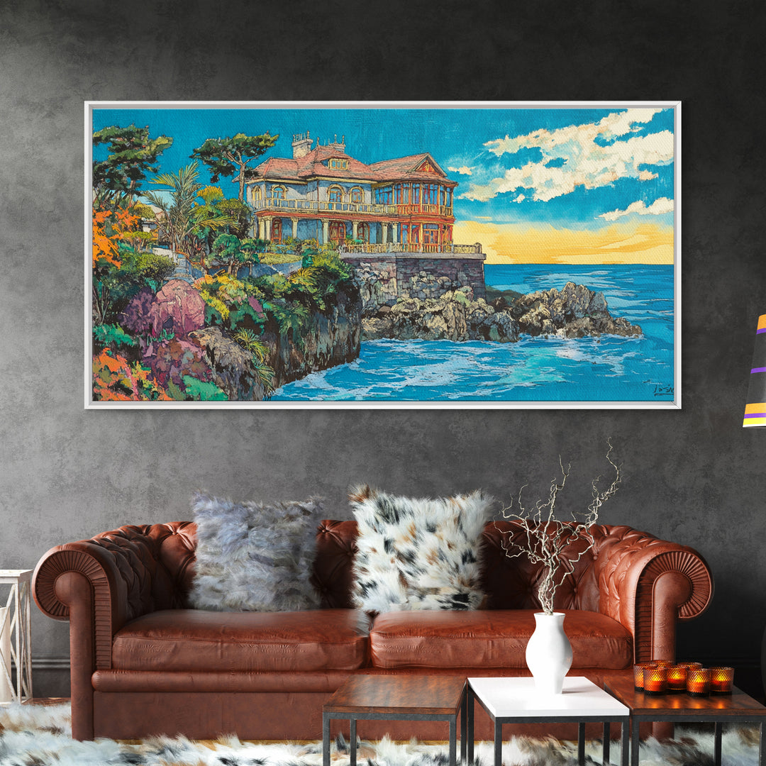 Clifftop Coastal Villa, Bright Seascape Wall Art, Italian Riviera Canvas Print, Ocean Decor, Travel Poster, Gift For Her, Housewarming Gift