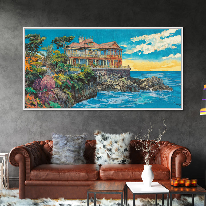 Clifftop Coastal Villa, Bright Seascape Wall Art, Italian Riviera Canvas Print, Ocean Decor, Travel Poster, Gift For Her, Housewarming Gift