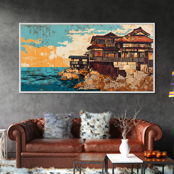 Japanese Seaside Ryokan, Sunset Architecture Wall Art, Coastal Canvas Print, Asian Decor, Ocean View Living Room Decor, Housewarming Gift