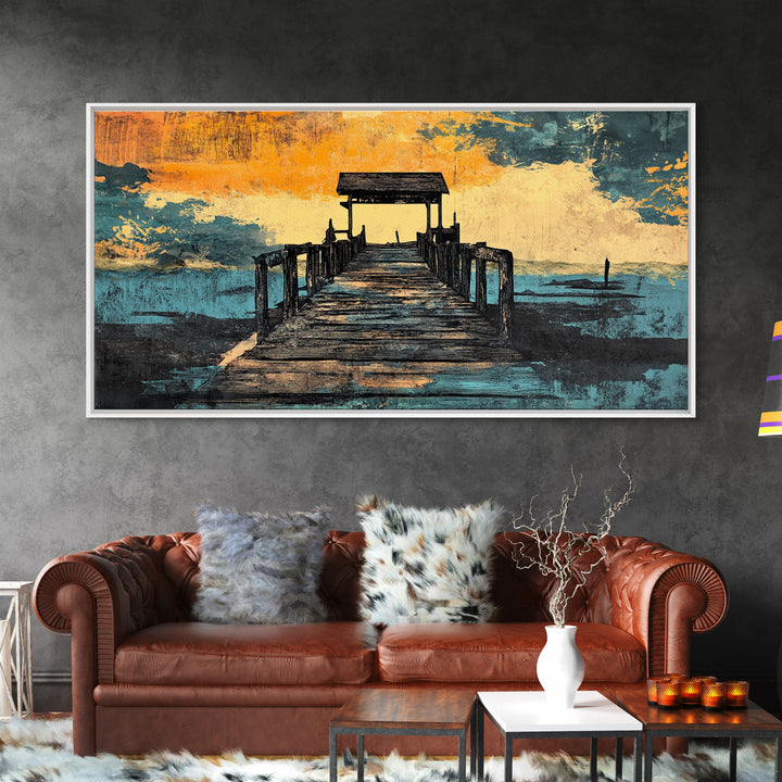 Weathered Pier At Sunset Canvas Print, Coastal Wall Decor, Nautical Beach House Art, Lake House Living Room Decor, Wide Wall Art
