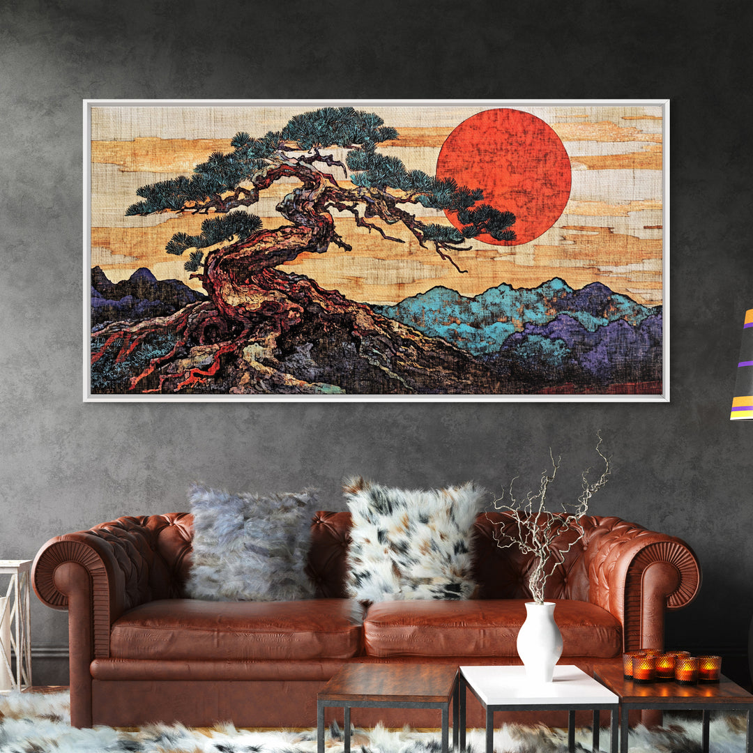 Twisted Bonsai Pine Red Sun Wall Art, Japanese Landscape Print, Japandi Decor, Zen Living Room Framed Canvas Print, Mountain Wall Decor