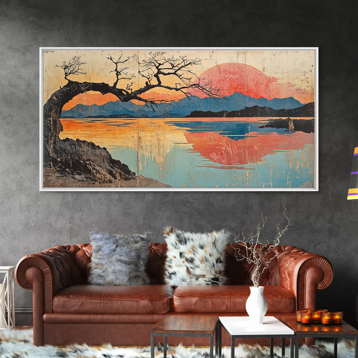 Bare Tree Lake Sunset Wall Art, Japanese Inspired Landscape Print, Serene Coastal Decor, Large Horizontal Canvas Print Art