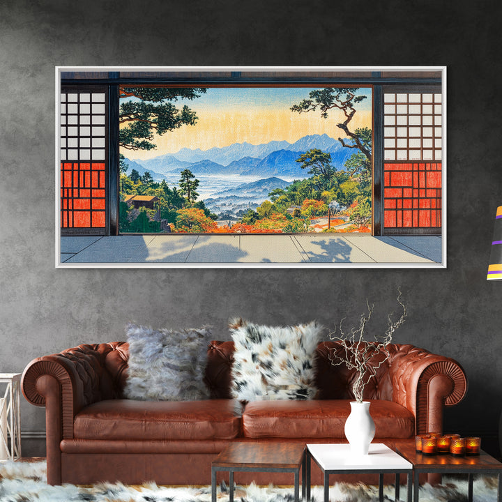 Japanese Shoji Window Mountain View Wall Art, Japandi Landscape Print, Zen Home Decor, Large Framed Canvas Print, Living Room Decor