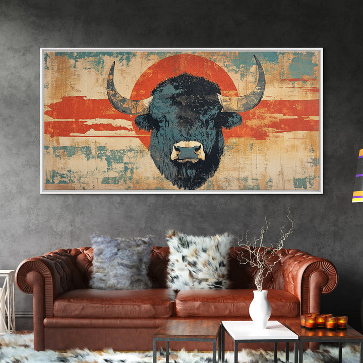 Bold Bison Portrait Red Sun Wall Art, Western Buffalo Print, Rustic Ranch Decor, Large Framed Canvas Print, Living Room Decor