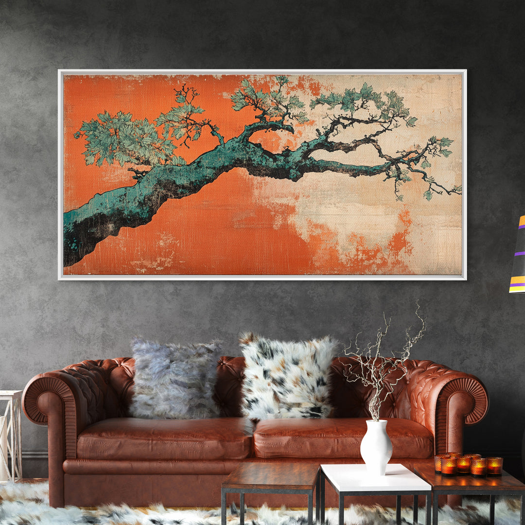 Twisted Pine Branch Wall Art, Japanese Botanical Canvas Print, Orange Teal Nature Decor, Japandi Living Room Wall Decor Gift