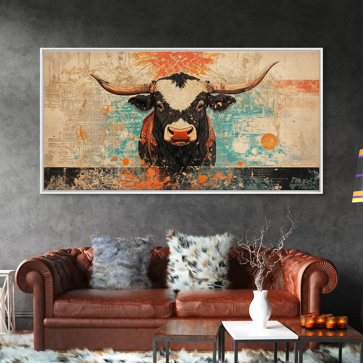 Bold Longhorn Cow Wall Art, Western Animal Canvas Print, Rustic Farmhouse Decor, Southwest Living Room Wall Decor Gift Idea