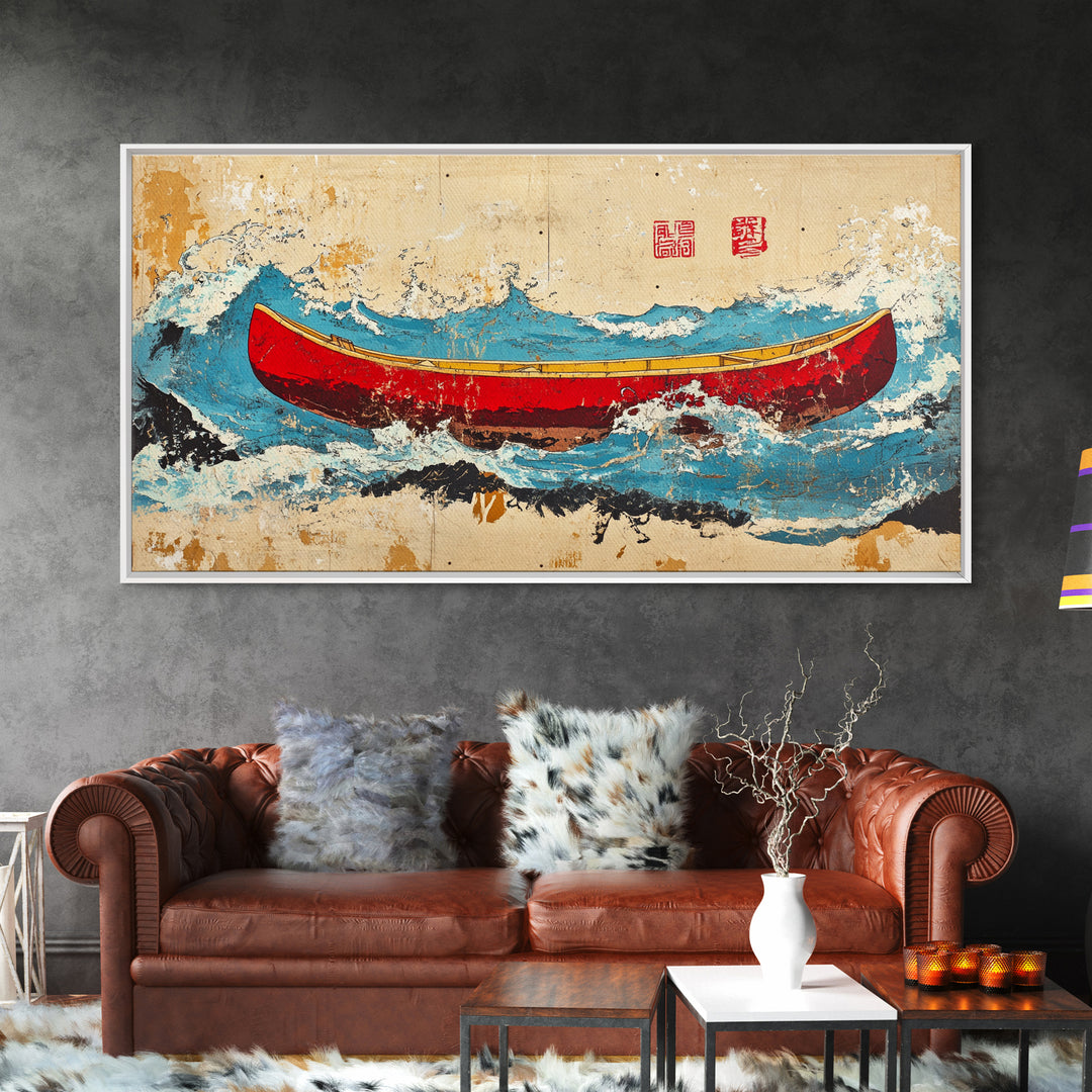 Red Canoe Ocean Waves Wall Art, Japanese Nautical Canvas Print, Coastal Adventure Decor, Beach House Wall Decor Gift Idea