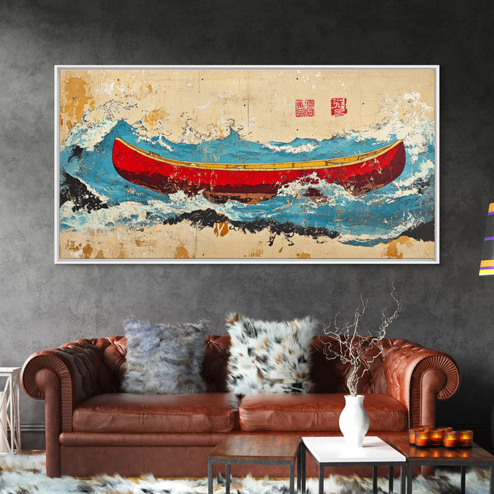 Red Canoe Ocean Waves Wall Art, Japanese Nautical Canvas Print, Coastal Adventure Decor, Beach House Wall Decor Gift Idea