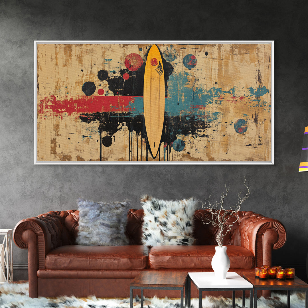Yellow Surfboard Abstract Wall Art, Retro Beach Canvas Print, Mid Century Modern Decor, Surfer Living Room Wall Decor Gift