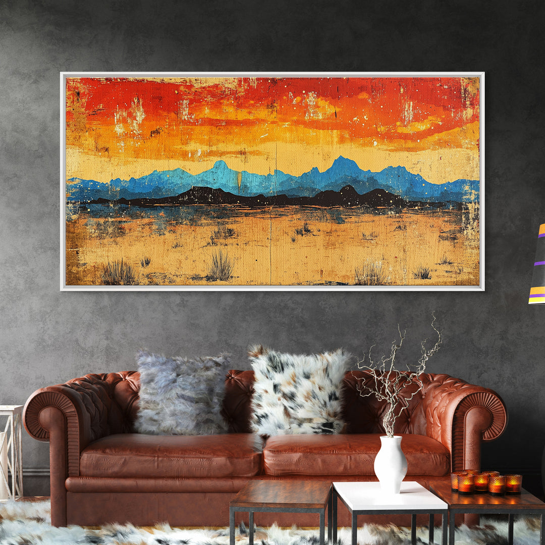 Blue Desert Mountain Wall Art, Fiery Sunset Landscape Canvas Print, Southwest Modern Decor, Above Sofa Wall Decor Gift Idea