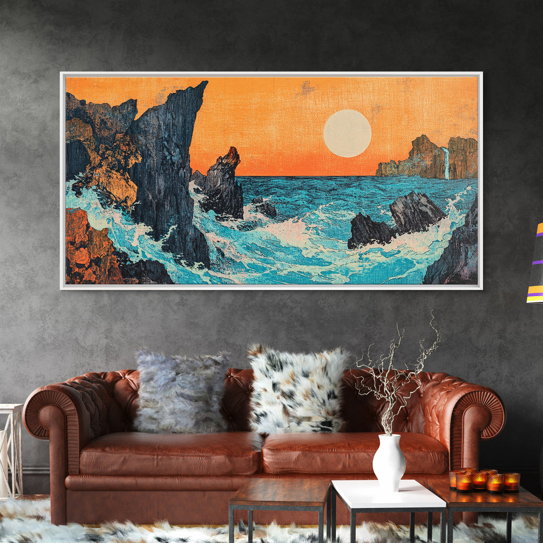 Rocky Ocean Sunset Seascape Wall Art, Japanese Coastal Canvas Wall Art, Beach House Decor, Large Horizontal Print, Ocean Wall Decor