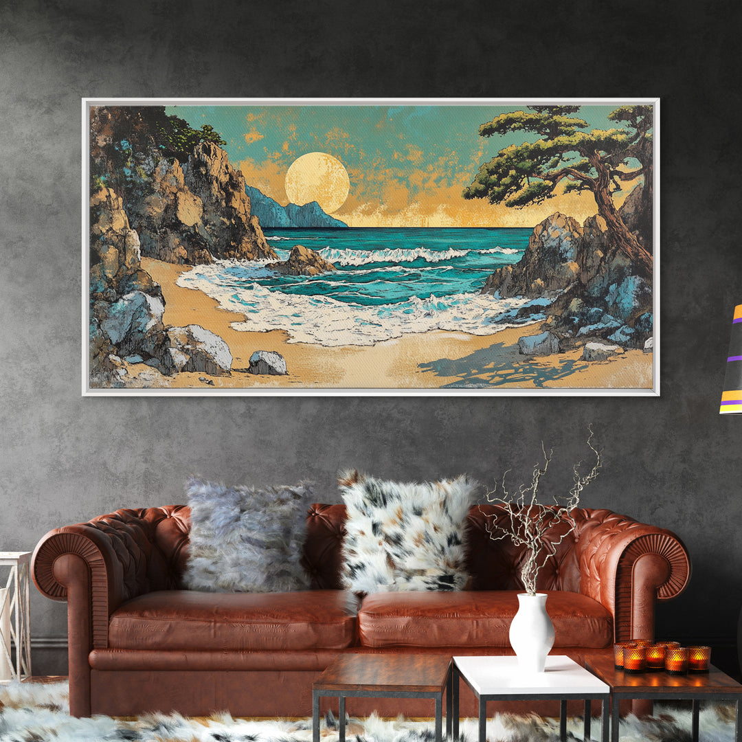 Rocky Cove Sunset Beach Wall Art, Japanese Coastal Landscape Art, Ocean Waves Canvas Print, Beach House Decor, Large Wall Art
