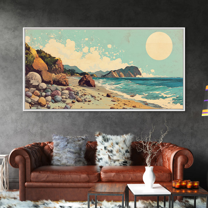 Sunny Rocky Beach Panorama Wall Art, Tropical Coastal Landscape, Ocean Waves Canvas Print, Beach House Decor, Large Horizontal Art